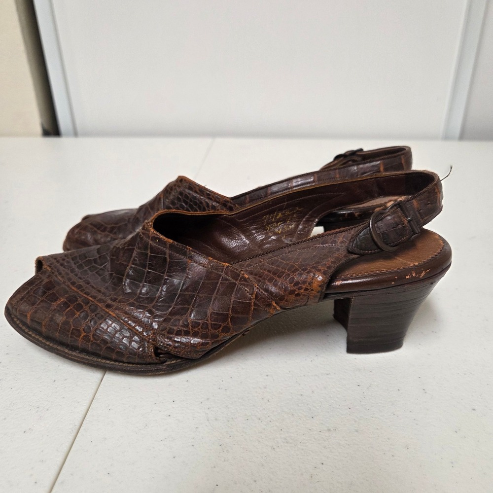 Vintage Frank Brothers Brown Alligator Leather Slingback Peep Toe Heels Size 7.5